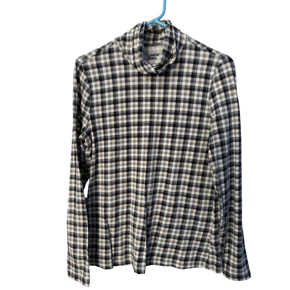 Lands End Turtleneck Women M Black White Gingham Plaid Top